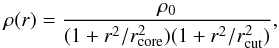 Mathematical equation: \begin{equation} \rho(r)=\frac{\rho_0}{(1+r^2/r^2_{\rm core})(1+r^2/r^2_{\rm cut})}, \end{equation}