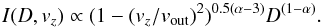 Mathematical equation: \begin{equation} I (D,v_z) \propto (1-(v_z/v_\mathrm{out})^2)^{0.5(\alpha-3)}D^{(1-\alpha)}. \end{equation}