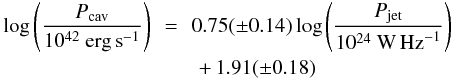 Mathematical equation: \begin{eqnarray} \log\left(\frac{P_\mathrm{cav}}{10^{42}~\mathrm{erg\,s}^{-1}}\right) \!\!&=&\!\! 0.75(\pm 0.14) \log\left(\frac{P_\mathrm{jet}}{10^{24}~\mathrm{W\,Hz}^{-1}}\right)\nonumber \\ && +\,1.91(\pm 0.18) \end{eqnarray}