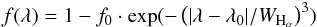 Mathematical equation: \begin{equation} f (\lambda) = 1 - f_0 \cdot \exp( -\left(|\lambda - \lambda_0|/\wh \right)^3) \end{equation}
