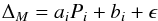 Mathematical equation: \begin{equation} \Delta_{M} = a_i P_i + b_i + \epsilon \end{equation}