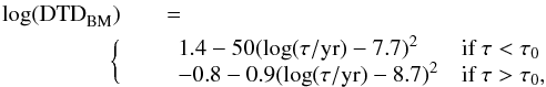 Mathematical equation: \begin{eqnarray} \label{eqn:ManDTD} \nonumber \textnormal{log(DTD}_{\textnormal{BM}})&& = \\ \bigg{\{} && \begin{array}{ll} 1.4-50(\textnormal{log}(\tau/\textnormal{yr})-7.7)^{2} & \textnormal{if } \tau < \tau_{0} \\ -0.8-0.9(\textnormal{log}(\tau/\textnormal{yr})-8.7)^{2} & \textnormal{if } \tau > \tau_{0} , \end{array} \end{eqnarray}