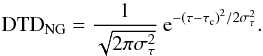Mathematical equation: \begin{equation} \label{eqn:ngDTD} \textnormal{DTD}_{\textnormal{NG}} = \frac{1}{\sqrt{2\pi\sigma_{\tau}^{2}}}\:{\rm e}^{-\left( \tau-\tau_{\rm c}\right) ^{2}/2\sigma_{\tau}^{2}}. \end{equation}