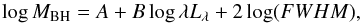 Mathematical equation: \begin{equation} \log M_{\rm BH} = A + B \log \lambda L_\lambda + 2 \log (FWHM), \end{equation}