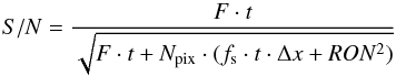 Mathematical equation: \begin{equation} \label{snr} S/N = \frac{F\cdot t}{\sqrt{F\cdot t + N_{\rm pix} \cdot (f_{\rm s}\cdot t\cdot\Delta x +RON^2)}} \end{equation}