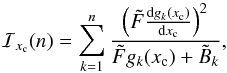 Mathematical equation: \begin{equation} \label{fi_astrometry} \mathcal{I}_{x_{\rm c}}(n) = \sum_{k=1}^n \frac{ \left( \tilde{F}\frac{{\rm d} g_k(x_{\rm c})}{{\rm d} x_{\rm c}} \right)^2 }{\tilde{F} g_k(x_{\rm c}) + \tilde{B}_k}, \end{equation}