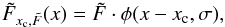 Mathematical equation: \begin{equation} \label{eq_pre_1} \tilde{F}_{x_{\rm c}, \tilde{F}}(x)=\tilde{F} \cdot \phi(x-x_{\rm c},\sigma), \end{equation}