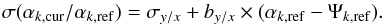 Mathematical equation: \begin{equation} \sigma(\alpha_{k,{\rm cur}}/\alpha_{k,{\rm ref}}) = \sigma_{y/x} + b_{y/x} \times (\alpha_{k,{\rm ref}} - \Psi_{k,{\rm ref}}). \label{eq:14} \end{equation}