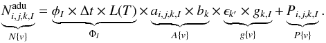 Mathematical equation: \begin{equation} \underbrace{N^{\rm adu}_{i,j,k,I}}_{N\{v\}} = \underbrace{\phi_I \times \Delta t \times L(T)}_{\Phi_I} \times \underbrace{a_{i,j,k,I} \times b_k}_{A\{v\}} \times \underbrace{\epsilon_ {k'} \times g_{k,I}}_{g\{v\}} + \underbrace{P_ {i,j,k,I}}_{P\{v\}}. \label{eq:2} \end{equation}
