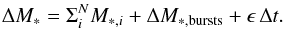 Mathematical equation: \appendix \setcounter{section}{1} \begin{equation} \Delta M_*=\Sigma_i^N M_{*,i}+\Delta M_{*,{\rm bursts}}+\epsilon\,\Delta t. \end{equation}