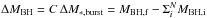 Mathematical equation: \hbox{$\Delta M_{\rm BH}=C\,\Delta M_{*,{\rm burst}}=M_{{\rm BH},{\rm f}}-\Sigma_i^N M_{{\rm BH},{\rm i}}$}