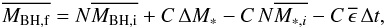 Mathematical equation: \appendix \setcounter{section}{1} \begin{equation} \overline{M_{{\rm BH},{\rm f}}}=N\overline{ M_{{\rm BH},{\rm i}}}+C\,\Delta M_*-C\,N\overline{M_{*,i}}-C\,\overline{\epsilon}\,\Delta t , \end{equation}