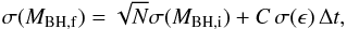 Mathematical equation: \appendix \setcounter{section}{1} \begin{equation} \sigma(M_{{\rm BH},{\rm f}})=\sqrt{N}\sigma( M_{{\rm BH},{\rm i}})+C\,\sigma(\epsilon)\,\Delta t , \end{equation}