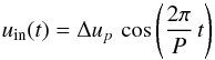 Mathematical equation: \appendix \setcounter{section}{2} \begin{equation} u_{\rm in} (t) = \Delta u_p \, \cos \left( \frac{2 \pi}{P} \, t \right) \end{equation}