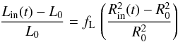 Mathematical equation: \appendix \setcounter{section}{2} \begin{equation} \frac{L_{\rm in} (t) - L_0}{L_0} = f_{\rm L}\, \left( \frac{R_{\rm in}^2 ( t ) - R_0^2}{R_0^2} \right) \end{equation}