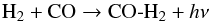 Mathematical equation: \begin{equation} \mathrm{H}_2 + \mathrm{CO} \rightarrow \mathrm{CO}\text{-}\mathrm{H}_2 + h\nu \end{equation}