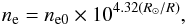 Mathematical equation: \begin{eqnarray} n_\mathrm{e} = n_\mathrm{e0} \times 10^{4.32(R_\mathrm{\odot}/R)}, \end{eqnarray}