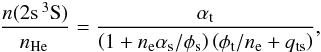 Mathematical equation: \begin{eqnarray} \frac{n(2\mathrm{s}\, ^3\mathrm{S})}{n_\He} = \frac{\alpha_\mathrm{t}} {\left( 1 + \ne \alpha_\mathrm{s}/\phi_\mathrm{s} \right) \left( \phi_\mathrm{t}/\ne + q_\mathrm{ts} \right) }, \label{eq:relpop} \end{eqnarray}