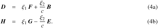 Mathematical equation: % subequation 1011 0 \begin{eqnarray} \label{eq:DFB} \vec{D} & =& \xi_1 \, \vec{F} + \frac{\xi_2}{c} \, \vec{B} \\ \label{eq:HEG} \vec{H} & = &\xi_1 \, \vec{G} - \frac{\xi_2}{c} \, \vec{E}. \end{eqnarray}