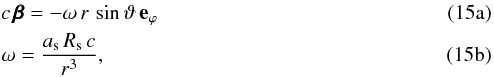 Mathematical equation: % subequation 1215 0 \begin{eqnarray} \label{eq:Shift} && c \, \pmb \beta = - \omega \, r \, \sin\vartheta \, \ephi \\ && \omega = \frac{\as\,\Rs\,c}{r^3}, \end{eqnarray}