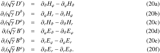 Mathematical equation: % subequation 1515 0 \begin{eqnarray} \partial_t ( \!\!\sqrt{\gamma} \, D^r ) & =& \partial_\vartheta H_\varphi - \partial_\varphi H_\vartheta \\ \partial_t ( \!\!\sqrt{\gamma} \, D^\vartheta ) & =& \partial_\varphi H_r - \partial_r H_\varphi \\ \partial_t ( \!\!\sqrt{\gamma} \, D^\varphi ) & =& \partial_r H_\vartheta - \partial_\vartheta H_r \\ \partial_t ( \!\!\sqrt{\gamma} \, B^r ) & =& \partial_\varphi E_\vartheta - \partial_\vartheta E_\varphi \\ \partial_t ( \!\!\sqrt{\gamma} \, B^\vartheta ) & = &\partial_r E_\varphi - \partial_\varphi E_r \\ \partial_t ( \!\!\sqrt{\gamma} \, B^\varphi ) & = &\partial_\vartheta E_r - \partial_r E_\vartheta. \end{eqnarray}