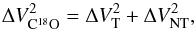 Mathematical equation: \begin{equation} \Delta V_{\rm C^{18}O}^2 = \Delta V_{\rm T}^2 + \Delta V_{\rm NT}^2, \end{equation}