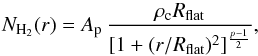 Mathematical equation: \begin{equation} N_{{\rm H}_2}(r) = A_{\rm p} \, \frac{ \rho_{\rm c} R_{\rm flat} } { [1 + (r/R_{\rm flat})^2 ]^\frac{p-1}{2} }, \label{eq:cdprofile} \end{equation}