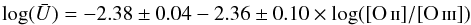 Mathematical equation: \begin{equation} \label{eq:logUO23b} \log(\bar U) = -2.38\pm 0.04 -2.36\pm 0.10 \times \log(\oii/\oiii) \end{equation}