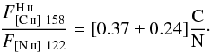 Mathematical equation: \begin{equation} \frac{F^{\ion{H}{ii}}_{[\ion{C}{ii}]~158}}{F_{[\ion{N}{ii}]~122}} = [0.37 \pm 0.24] \frac{\rm C}{\rm N}\cdot \end{equation}