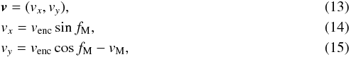 Mathematical equation: \begin{eqnarray} && \vec{v} = (v_x, v_y), \\ && v_x = v_{\rm{enc}} \sin f_{\rm{M}}, \label{eq-v_x} \\ && v_y = v_{\rm{enc}} \cos f_{\rm{M}} - v_{\rm{M}} \label{eq-v_y}, \end{eqnarray}