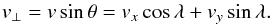 Mathematical equation: \begin{equation} \label{eq-vv} v_\bot = v \sin\theta = v_x \cos\lambda + v_y \sin\lambda. \end{equation}