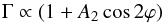 Mathematical equation: \begin{equation} \label{eq-pure p/e} \Gamma \propto (1 + A_2 \cos2\varphi) \end{equation}