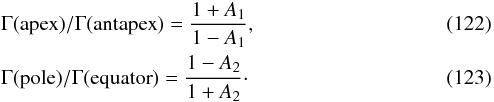 Mathematical equation: \begin{eqnarray} && \Gamma({\rm{apex}})/\Gamma({\rm{antapex}}) = \frac{1 + A_1}{1 - A_1}, \label{eq-a/a ratio}\\ &&\Gamma({\rm{pole}})/\Gamma({\rm{equator}}) = \frac{1 - A_2}{1 + A_2}\cdot \end{eqnarray}