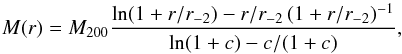 Mathematical equation: \begin{equation} M(r)=\mtwo \frac{\ln(1+r/\rs)-r/\rs \, (1+r/\rs)^{-1}}{\ln(1+c)-c/(1+c)} , \label{e:nfw} \end{equation}