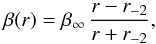 Mathematical equation: \begin{equation} \br=\beta_{\infty} \, \frac{r-\rs}{r+\rs} , \end{equation}