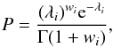 Mathematical equation: \begin{equation} P=\frac{(\lambda_i)^{w_i} {\rm e}^{-\lambda_i}}{\Gamma(1+w_i)} , \end{equation}