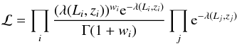 Mathematical equation: \begin{equation} \mathcal{L} = \prod_i \frac{(\lambda(L_i,z_i))^{w_i} {\rm e}^{-\lambda(L_i,z_i)}}{\Gamma(1+w_i)} \prod_j {\rm e}^{-\lambda(L_j,z_j)} \end{equation}
