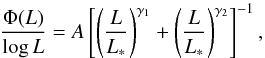 Mathematical equation: \begin{equation} \label{eq:doublepow} \frac{\Phi (L)}{ \log L} = A \left[ \left( \frac{L}{L_*} \right)^{\gamma_1} + \left( \frac{L}{L_*} \right)^{\gamma_2} \right]^{-1} , \end{equation}