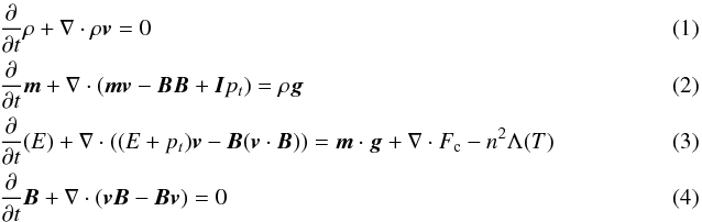 Mathematical equation: \begin{eqnarray} &&\frac{\partial}{\partial t}\rho + \nabla \cdot \rho \vec{v} = 0~~~~~~\\ &&\frac{\partial}{\partial t}\vec{m}+\nabla \cdot (\vec{m}\vec{v} - \vec{B}\vec{B}+ \vec{I}p_t) = \rho\vec{g}\\ &&\frac{\partial}{\partial t}(E)+\nabla\cdot( (E+p_t)\vec{v}-\vec{B}(\vec{v}\cdot\vec{B}))=\vec{m}\cdot\vec{g} + \nabla \cdot F_{\rm c} - n^2 {\Lambda}(T) \label{RL}\\ &&\frac{\partial}{\partial t}\vec{B}+\nabla\cdot(\vec{v}\vec{B}-\vec{B}\vec{v})=0 \end{eqnarray}