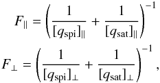 Mathematical equation: \begin{eqnarray*} F_{||} = \left(\frac{1}{[q_{\rm spi}]_{||}}+\frac{1}{[q_{\rm sat}]_{||}}\right)^{-1}\\ F_{\bot} = \left(\frac{1}{[q_{\rm spi}]_{\bot}}+\frac{1}{[q_{\rm sat}]_{\bot}}\right)^{-1}, \end{eqnarray*}