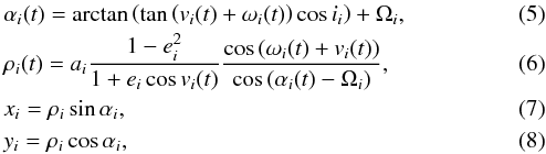 Mathematical equation: \begin{eqnarray} && \alpha_{i}(t) = \arctan\left(\tan\left(v_{i}(t)+\omega_{i}(t)\right)\cos i_{i}\right)+\Omega_{i}, \label{eqPositionInterferometry01}\\ && \rho_{i}(t) = a_{i}\frac{1-e_{i}^{2}}{1+e_{i}\cos v_{i}(t)}\frac{\cos\left(\omega_{i}(t)+v_{i}(t)\right)}{\cos\left(\alpha_{i}(t)-\Omega_{i}\right)}, \\ && x_{i} = \rho_{i}\sin\alpha_{i}, \\ && y_{i} = \rho_{i}\cos\alpha_{i}, \label{eqPositionInterferometry04} \end{eqnarray}