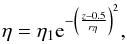 Mathematical equation: \begin{eqnarray} {\eta}={\eta}_{1}{\rm e}^{-\left({\frac{z-0.5}{{r}_{\eta}}}\right)^{2}}, \label{eq:eta} \end{eqnarray}