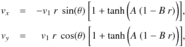 Mathematical equation: \begin{eqnarray} {v}_{x}&=&-{v}_{1}~r~\sin({\theta})~\bigg[1+\tanh\bigg(A~(1-B~r)\bigg)\bigg],\nonumber \\ {v}_{y}&=& ~~{v}_{1}~r~\cos({\theta})~\bigg[1+\tanh\bigg(A~(1-B~r)\bigg)\bigg], \label{eq:vel_driver1} \end{eqnarray}