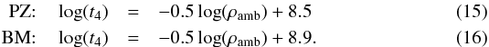 Mathematical equation: \begin{eqnarray} \mathrm{PZ}{:} \quad \log(t_4) &=& -0.5 \log(\rho_{\mathrm{amb}}) + 8.5 \label{eq_pz}\\ \mathrm{BM}{:} \quad \log(t_4) &=& -0.5 \log(\rho_{\mathrm{amb}}) + 8.9 \label{eq_bm}. \end{eqnarray}