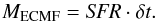 Mathematical equation: \begin{equation} \label{mtotsfrdt} M_{\mathrm{ECMF}} = {\it SFR} \cdot \delta t . \end{equation}