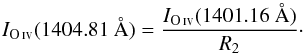 Mathematical equation: \begin{equation} I_{\oiv} (1404.81~\AA)=\frac{I_\oiv(1401.16~\AA)}{R_2}\cdot \label{eq:Ioiv} \end{equation}