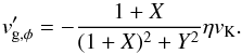 Mathematical equation: \appendix \setcounter{section}{1} \begin{equation} v^{\prime}_{\rm{g,\phi}} = - \frac{1+X}{(1+X)^2+Y^2} \eta v_{\rm{K}}. \end{equation}
