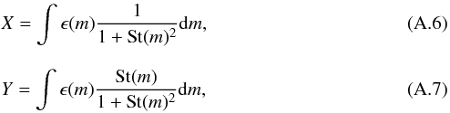Mathematical equation: \appendix \setcounter{section}{1} \begin{eqnarray} &&X = \int\epsilon(m)\frac{1}{1+{\rm{St}}(m)^2}{\rm d}m, \\[3mm] &&Y = \int\epsilon(m)\frac{{\rm{St}}(m)}{1+{\rm{St}}(m)^2}{\rm d}m, \end{eqnarray}