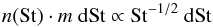 Mathematical equation: \appendix \setcounter{section}{1} \begin{equation} \label{sizedistr} n({\rm St})\cdot m\ {\rm d}{\rm St} \propto {\rm St}^{-1/2}\ {\rm d}{\rm St} \end{equation}