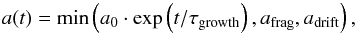 Mathematical equation: \begin{equation} \label{a1} a(t) = \min\left(a_0\cdot\exp\left(t\slash\tau_{\rm{growth}}\right),a_{\rm frag},a_{\rm drift}\right), \end{equation}